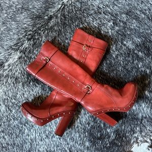 Kork-Ease leather studded tall heeled boots.